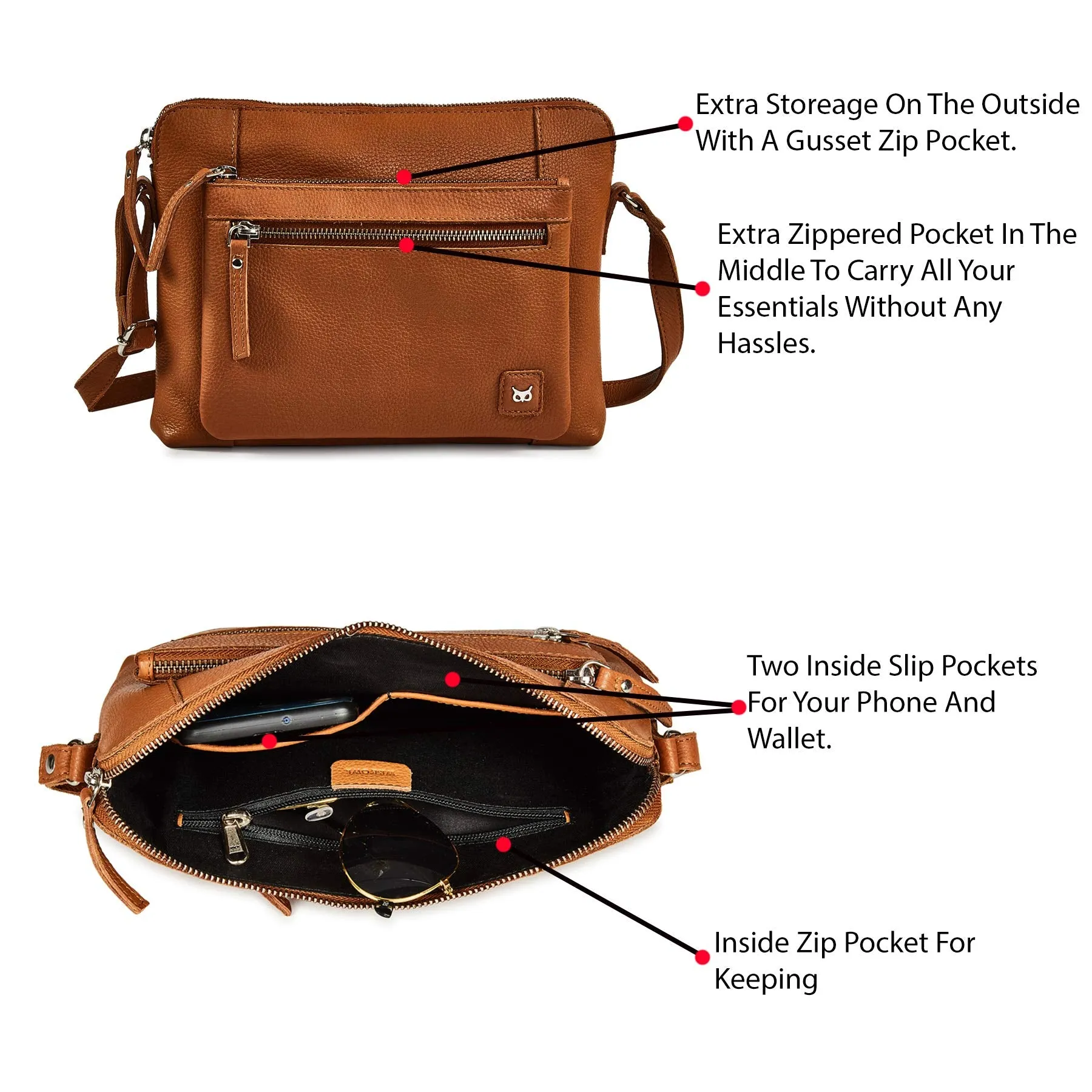 Accessories Small Soft Pebbled Real Leather Crossbody Handbags Purses Triple Zip Premium Sling Crossover Shoulder Bag for Women Gift (Cognac Nappa)
