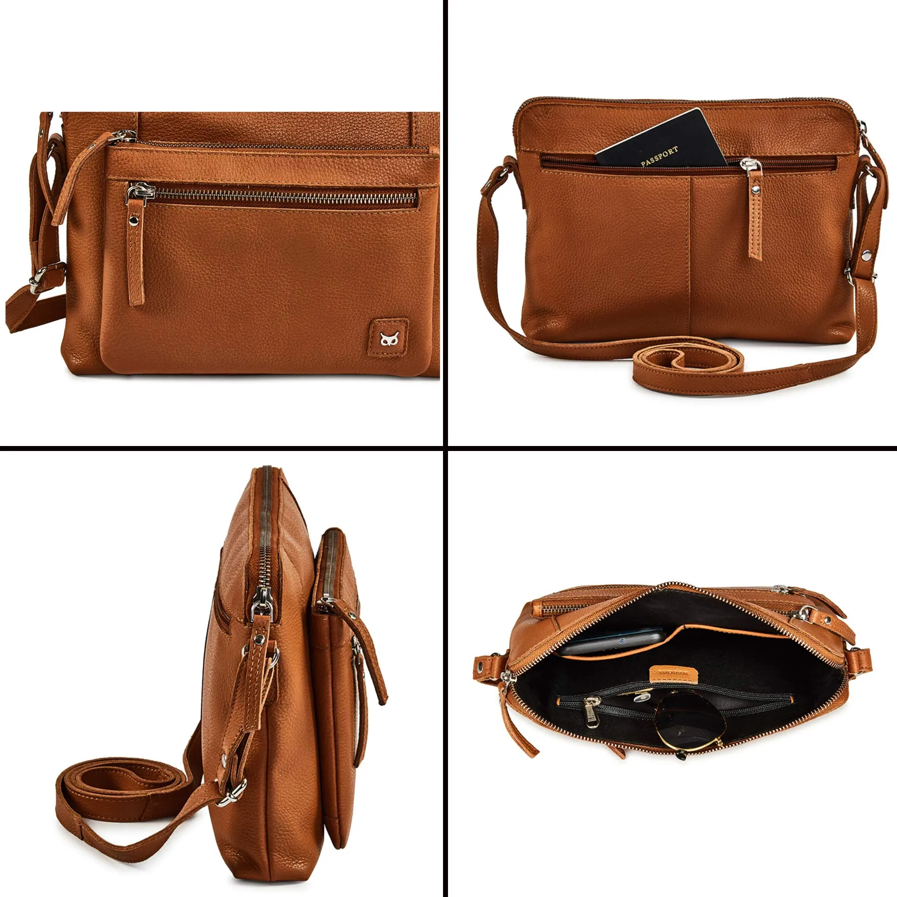 Accessories Small Soft Pebbled Real Leather Crossbody Handbags Purses Triple Zip Premium Sling Crossover Shoulder Bag for Women Gift (Cognac Nappa)