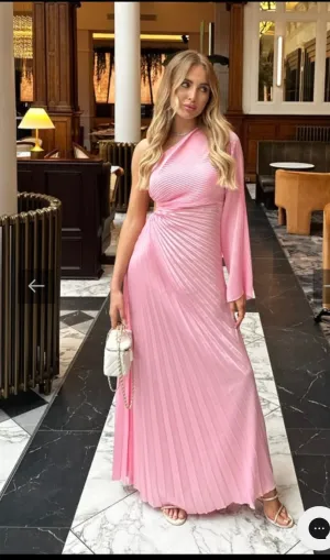 Annabelle baby pink one sleeve cut out pleated maxi dress
