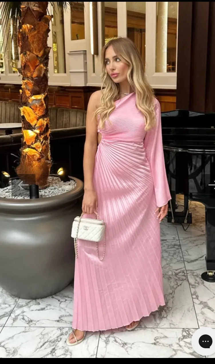 Annabelle baby pink one sleeve cut out pleated maxi dress