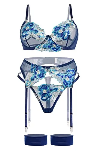 Aranmei Sexy Lingerie Set for Women Naughty 4 Piece Lingerie Set with Floral Embroidered Lace Sheer Underwire Bra with G-String Thigh Bands with Garter Belt Lingerie