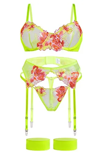 Aranmei Sexy Lingerie Set for Women Naughty 4 Piece Lingerie Set with Floral Embroidered Lace Sheer Underwire Bra with G-String Thigh Bands with Garter Belt Lingerie