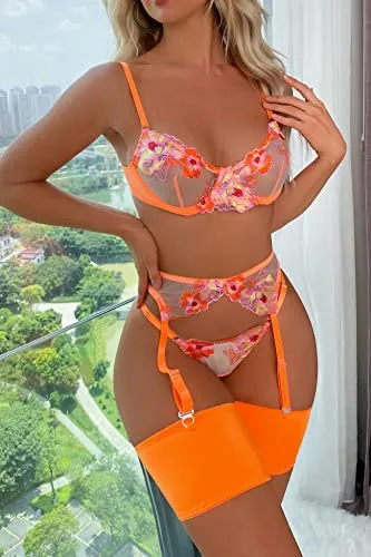Aranmei Sexy Lingerie Set for Women Naughty 4 Piece Lingerie Set with Floral Embroidered Lace Sheer Underwire Bra with G-String Thigh Bands with Garter Belt Lingerie