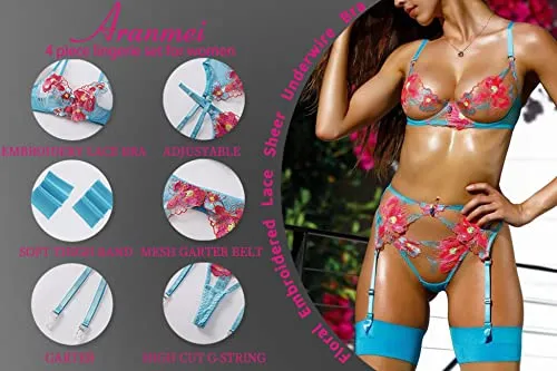 Aranmei Sexy Lingerie Set for Women Naughty 4 Piece Lingerie Set with Floral Embroidered Lace Sheer Underwire Bra with G-String Thigh Bands with Garter Belt Lingerie
