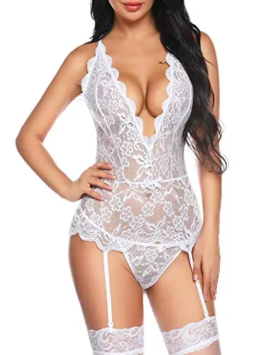Aranmei Women Sexy Garter Lingerie Set Lace Teddy Bodysuit Deep V Neck Crisscross Back Strap Underwear with Panty