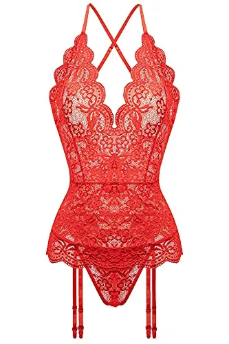 Aranmei Women Sexy Garter Lingerie Set Lace Teddy Bodysuit Deep V Neck Crisscross Back Strap Underwear with Panty