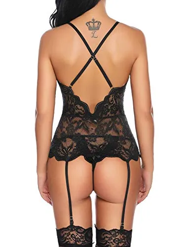 Aranmei Women Sexy Garter Lingerie Set Lace Teddy Bodysuit Deep V Neck Crisscross Back Strap Underwear with Panty
