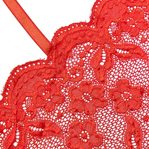 Aranmei Women Sexy Garter Lingerie Set Lace Teddy Bodysuit Deep V Neck Crisscross Back Strap Underwear with Panty