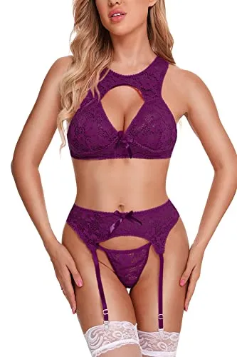 Aranmei Women Sexy Lingerie Set with Garter Belt, Hollow Floral Lace Bra and Panties Set 3 Piece Lingerie Set with Suspenders Teddy Babydoll Naughty Underwear