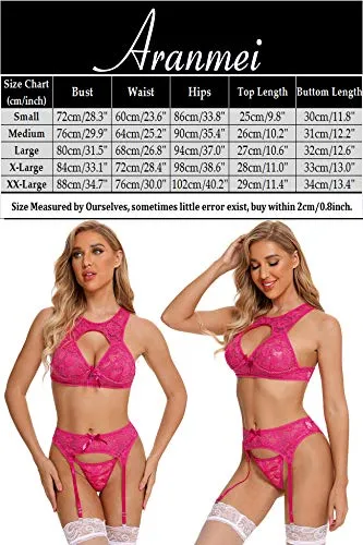 Aranmei Women Sexy Lingerie Set with Garter Belt, Hollow Floral Lace Bra and Panties Set 3 Piece Lingerie Set with Suspenders Teddy Babydoll Naughty Underwear