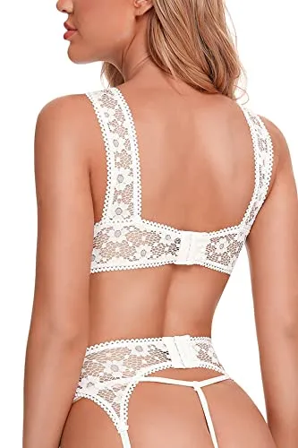 Aranmei Women Sexy Lingerie Set with Garter Belt, Hollow Floral Lace Bra and Panties Set 3 Piece Lingerie Set with Suspenders Teddy Babydoll Naughty Underwear