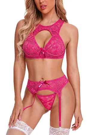 Aranmei Women Sexy Lingerie Set with Garter Belt, Hollow Floral Lace Bra and Panties Set 3 Piece Lingerie Set with Suspenders Teddy Babydoll Naughty Underwear