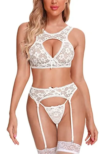Aranmei Women Sexy Lingerie Set with Garter Belt, Hollow Floral Lace Bra and Panties Set 3 Piece Lingerie Set with Suspenders Teddy Babydoll Naughty Underwear