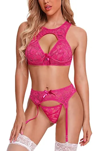 Aranmei Women Sexy Lingerie Set with Garter Belt, Hollow Floral Lace Bra and Panties Set 3 Piece Lingerie Set with Suspenders Teddy Babydoll Naughty Underwear