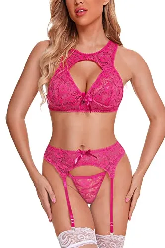 Aranmei Women Sexy Lingerie Set with Garter Belt, Hollow Floral Lace Bra and Panties Set 3 Piece Lingerie Set with Suspenders Teddy Babydoll Naughty Underwear