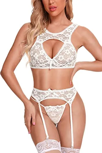 Aranmei Women Sexy Lingerie Set with Garter Belt, Hollow Floral Lace Bra and Panties Set 3 Piece Lingerie Set with Suspenders Teddy Babydoll Naughty Underwear