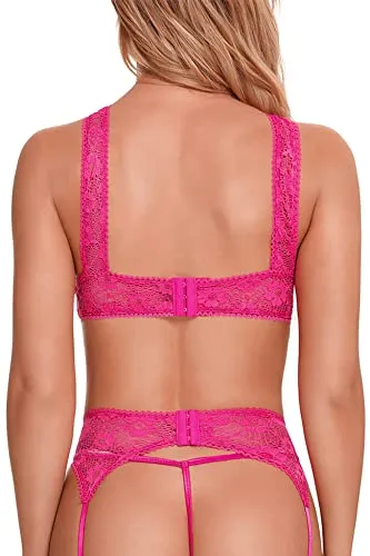Aranmei Women Sexy Lingerie Set with Garter Belt, Hollow Floral Lace Bra and Panties Set 3 Piece Lingerie Set with Suspenders Teddy Babydoll Naughty Underwear