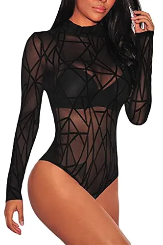 Aranmei Womens Sexy Floral Sheer Lace Sleeveless Bodysuit Clubwear Tops