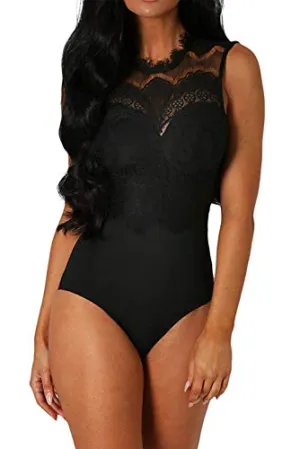 Aranmei Womens Sexy Floral Sheer Lace Sleeveless Bodysuit Clubwear Tops
