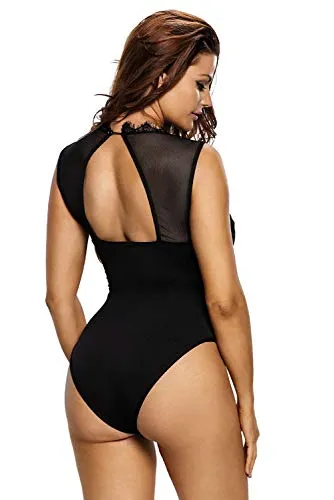 Aranmei Womens Sexy Floral Sheer Lace Sleeveless Bodysuit Clubwear Tops