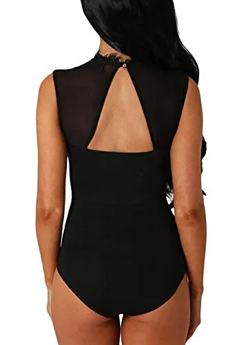 Aranmei Womens Sexy Floral Sheer Lace Sleeveless Bodysuit Clubwear Tops