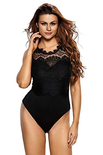 Aranmei Womens Sexy Floral Sheer Lace Sleeveless Bodysuit Clubwear Tops