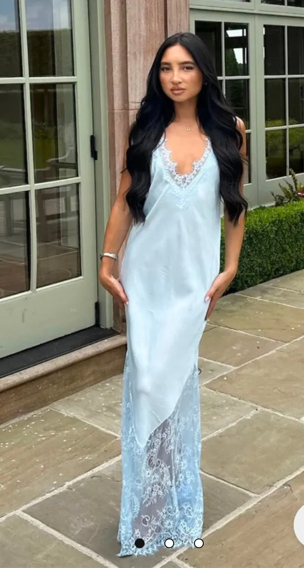 Baby blue satin lace trim maxi dress