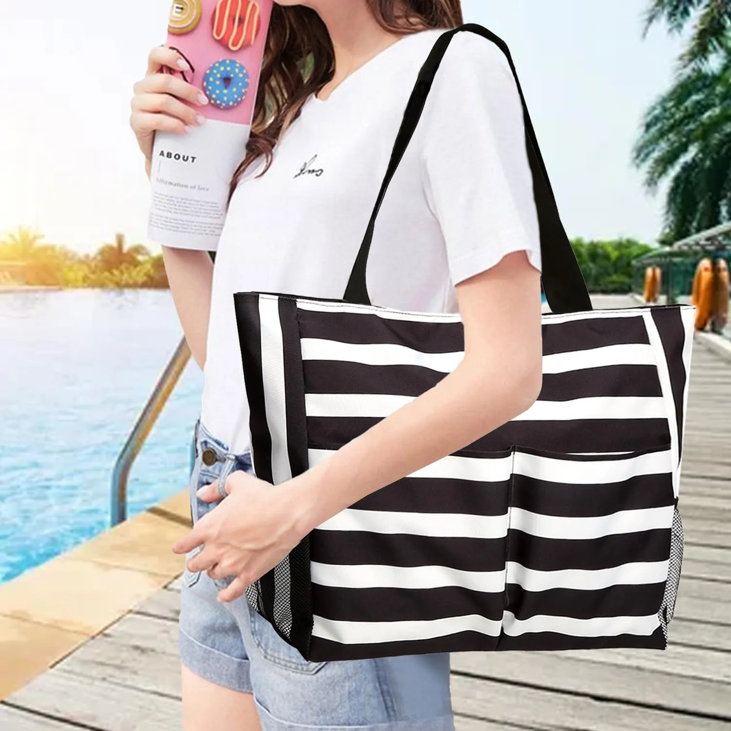 Beach Tote Bags for Women with Zip, Large Waterproof Beach Bag with Pocket, Summer Beach Bags for Travel, Shopping, Pool, Gym