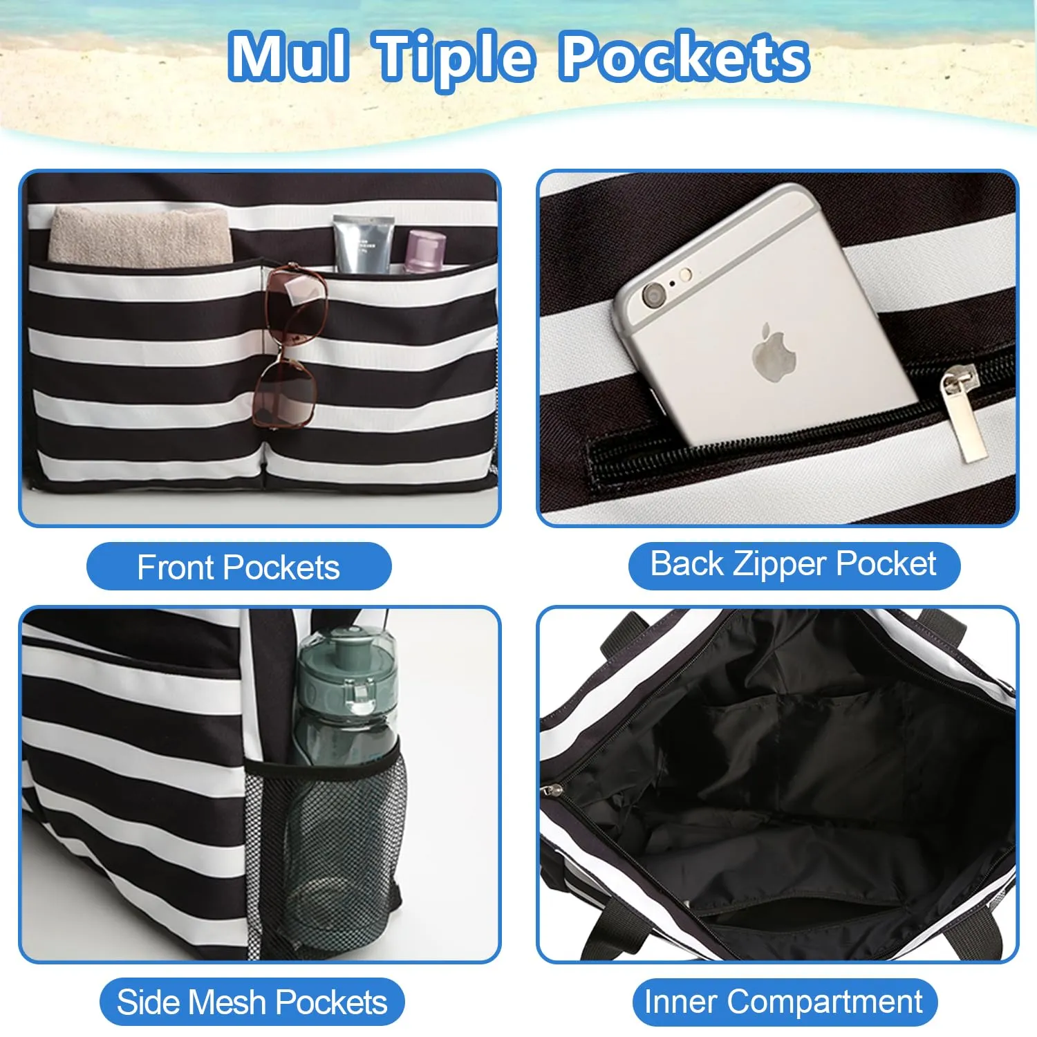 Beach Tote Bags for Women with Zip, Large Waterproof Beach Bag with Pocket, Summer Beach Bags for Travel, Shopping, Pool, Gym