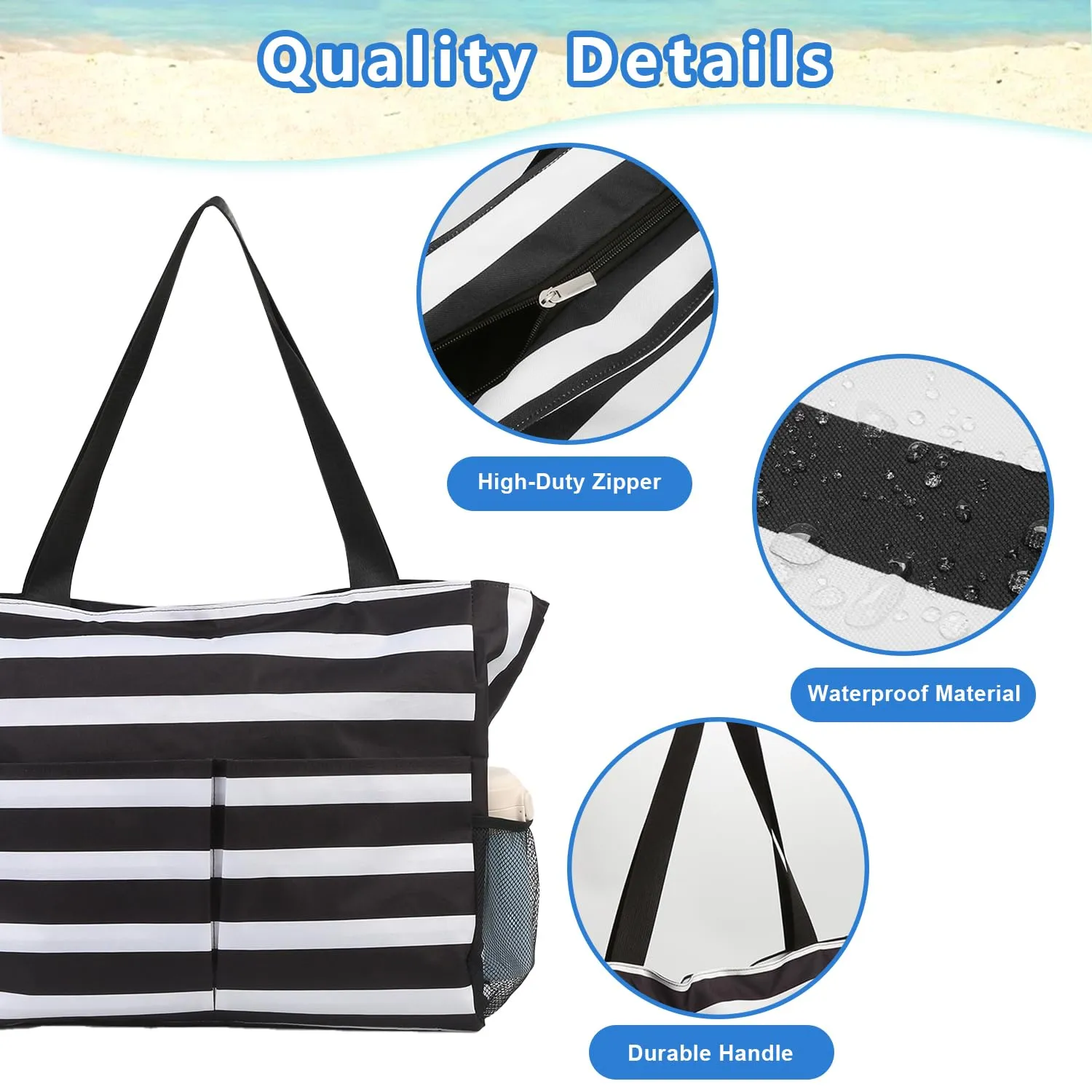 Beach Tote Bags for Women with Zip, Large Waterproof Beach Bag with Pocket, Summer Beach Bags for Travel, Shopping, Pool, Gym