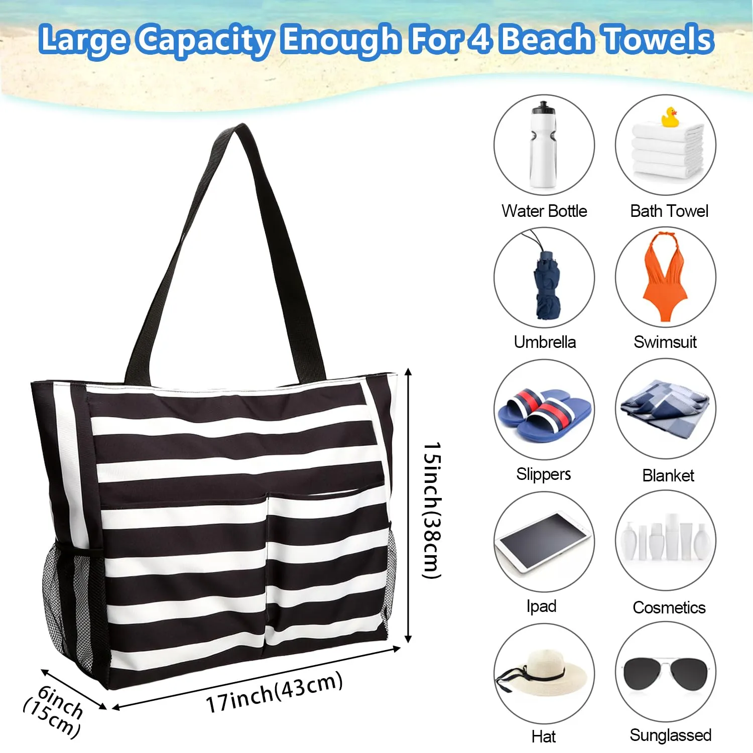 Beach Tote Bags for Women with Zip, Large Waterproof Beach Bag with Pocket, Summer Beach Bags for Travel, Shopping, Pool, Gym