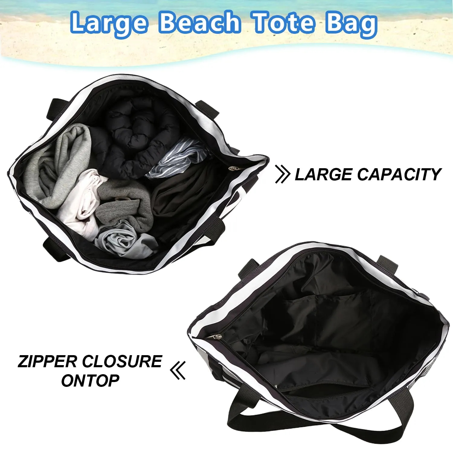 Beach Tote Bags for Women with Zip, Large Waterproof Beach Bag with Pocket, Summer Beach Bags for Travel, Shopping, Pool, Gym