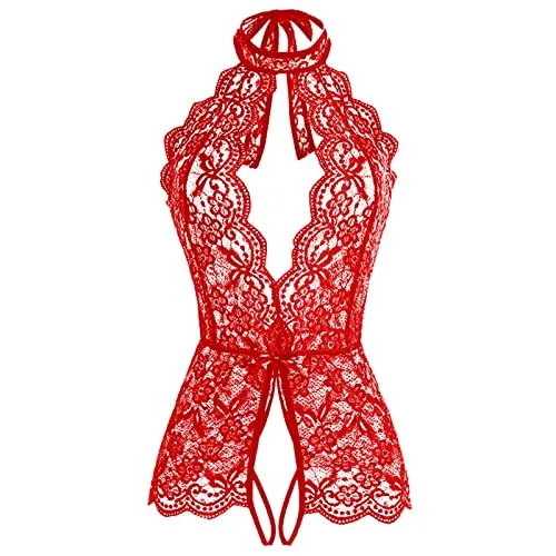 Bodysuit for Women Sexy Lingerie for Women Naughty Set for Sex Lace Teddy One Piece Lingerie Plus Size Babydolls Sexy Lingerie Christmas Deep V Halter Lingerie Roleplay Lingerie Set