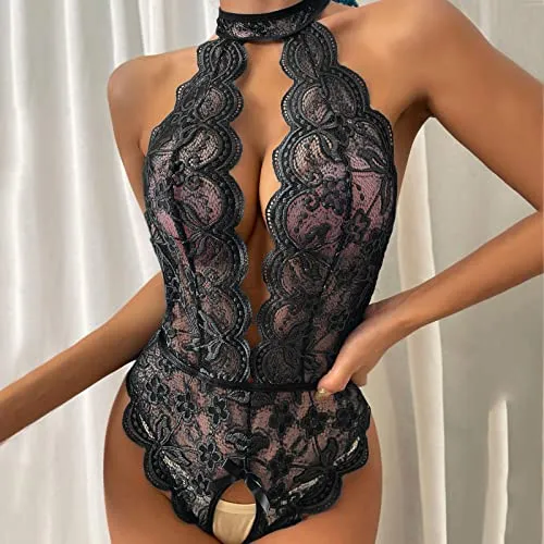 Bodysuit for Women Sexy Lingerie for Women Naughty Set for Sex Lace Teddy One Piece Lingerie Plus Size Babydolls Sexy Lingerie Christmas Deep V Halter Lingerie Roleplay Lingerie Set