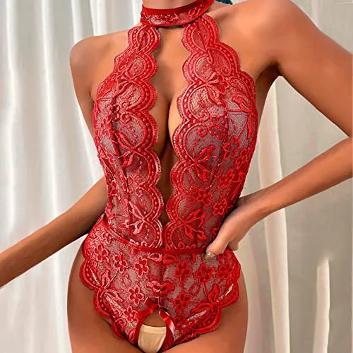 Bodysuit for Women Sexy Lingerie for Women Naughty Set for Sex Lace Teddy One Piece Lingerie Plus Size Babydolls Sexy Lingerie Christmas Deep V Halter Lingerie Roleplay Lingerie Set