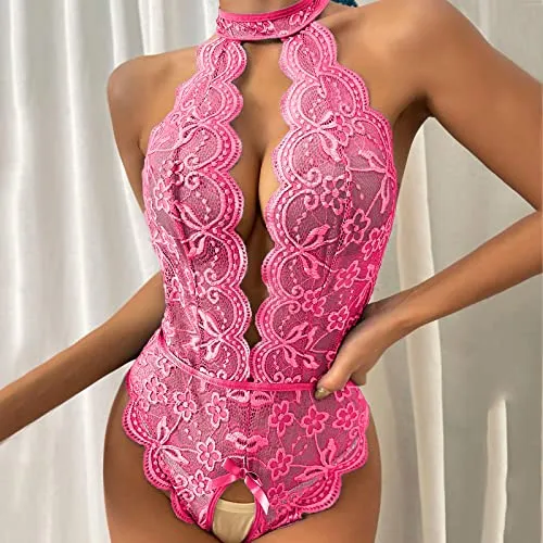 Bodysuit for Women Sexy Lingerie for Women Naughty Set for Sex Lace Teddy One Piece Lingerie Plus Size Babydolls Sexy Lingerie Christmas Deep V Halter Lingerie Roleplay Lingerie Set