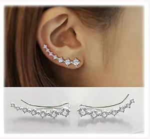 Elensan 7 Crystals Ear Cuffs Hoop Climber S925 Sterling Silver Earrings Hypoallergenic Earring