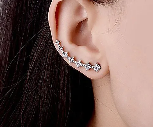 Elensan 7 Crystals Ear Cuffs Hoop Climber S925 Sterling Silver Earrings Hypoallergenic Earring