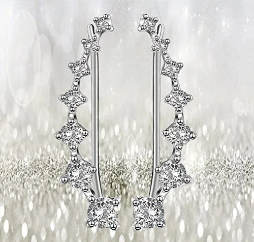Elensan 7 Crystals Ear Cuffs Hoop Climber S925 Sterling Silver Earrings Hypoallergenic Earring