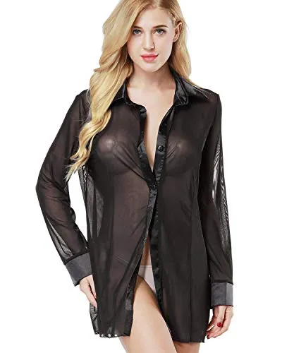 ETAOLINE Women's Sexy Sheer Sleepshirt Pajamas Long Sleeve Mesh Blouse Lingerie