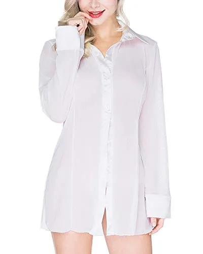 ETAOLINE Women's Sexy Sheer Sleepshirt Pajamas Long Sleeve Mesh Blouse Lingerie