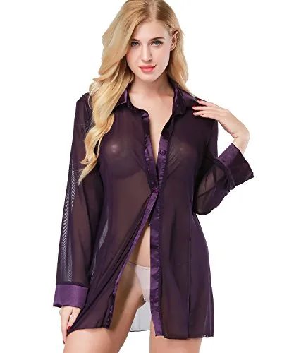 ETAOLINE Women's Sexy Sheer Sleepshirt Pajamas Long Sleeve Mesh Blouse Lingerie