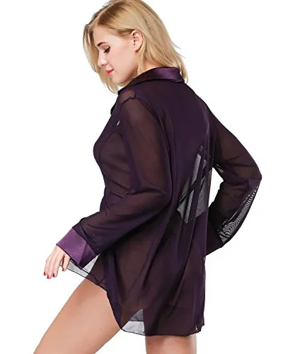 ETAOLINE Women's Sexy Sheer Sleepshirt Pajamas Long Sleeve Mesh Blouse Lingerie