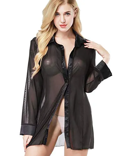 ETAOLINE Women's Sexy Sheer Sleepshirt Pajamas Long Sleeve Mesh Blouse Lingerie