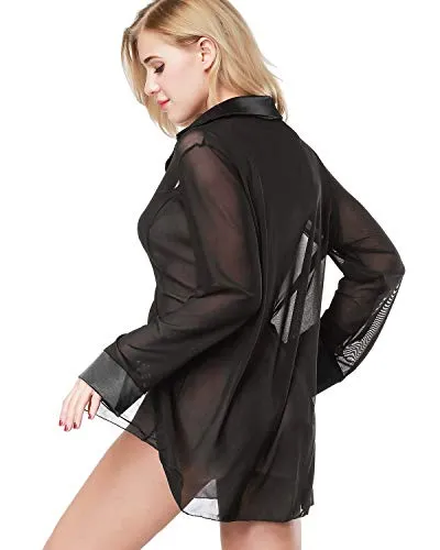 ETAOLINE Women's Sexy Sheer Sleepshirt Pajamas Long Sleeve Mesh Blouse Lingerie