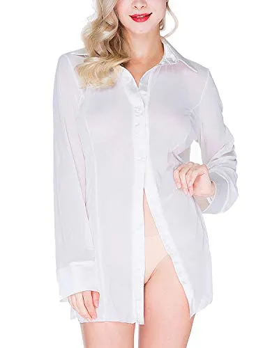 ETAOLINE Women's Sexy Sheer Sleepshirt Pajamas Long Sleeve Mesh Blouse Lingerie