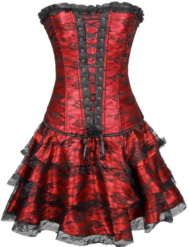EUDOLAH Sexy Corset Gothic Boned Dress Bustier Clubwear Lingerie Set for Women (UK Size 6-8 (S), Black)