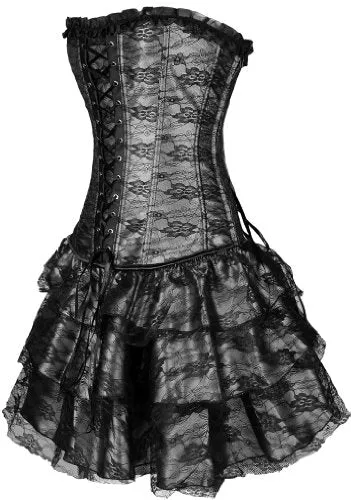 EUDOLAH Sexy Corset Gothic Boned Dress Bustier Clubwear Lingerie Set for Women (UK Size 6-8 (S), Black)