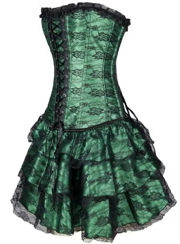 EUDOLAH Sexy Corset Gothic Boned Dress Bustier Clubwear Lingerie Set for Women (UK Size 6-8 (S), Black)