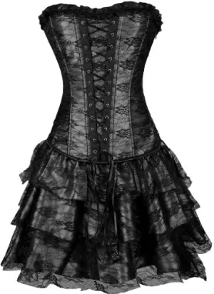 EUDOLAH Sexy Corset Gothic Boned Dress Bustier Clubwear Lingerie Set for Women (UK Size 6-8 (S), Black)